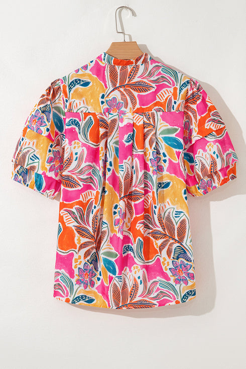Tropical Floral Print Short Sleeve Relaxed Button Up Shirt