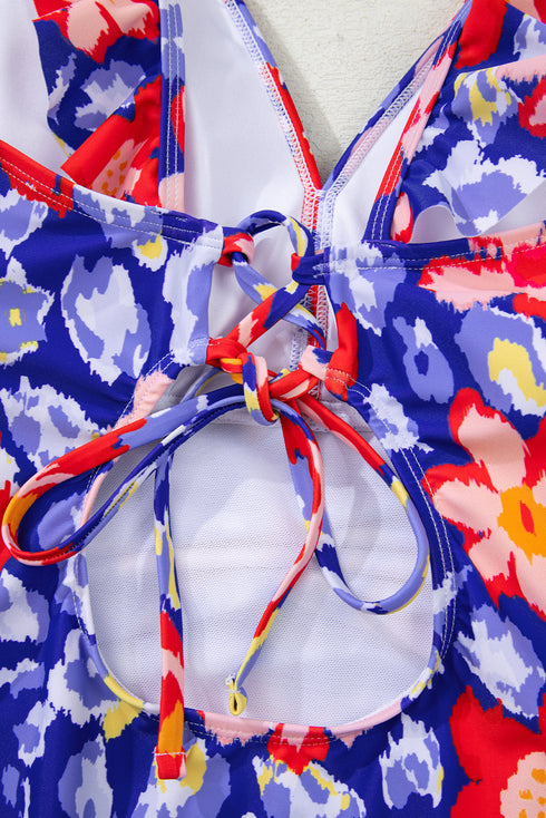 Tropical Floral Ruffle V Neck One Piece Swimsuit