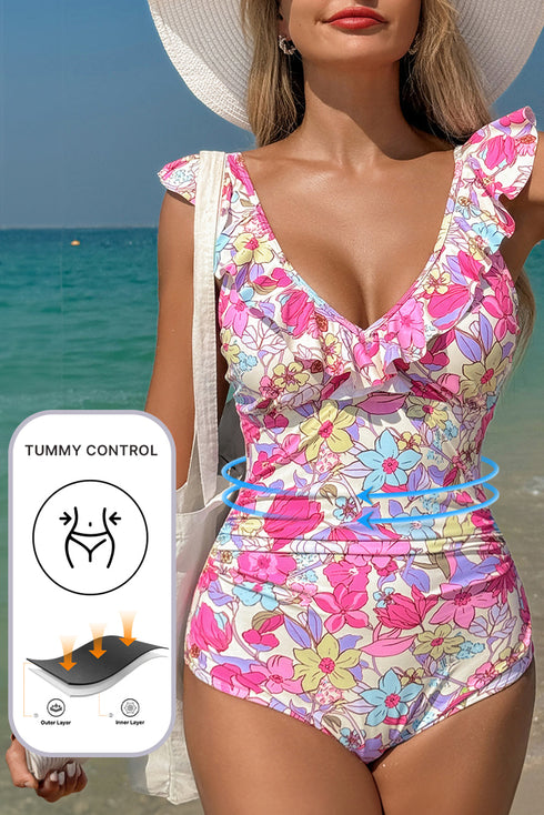 Tropical Floral Ruffle V Neck One Piece Swimsuit