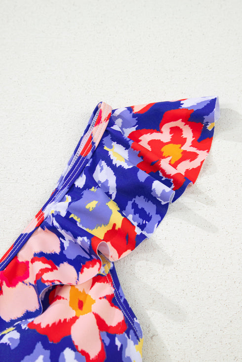 Tropical Floral Ruffle V Neck One Piece Swimsuit