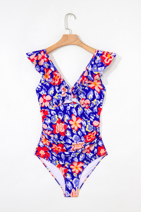Tropical Floral Ruffle V Neck One Piece Swimsuit