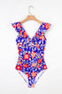 Tropical Floral Ruffle V Neck One Piece Swimsuit