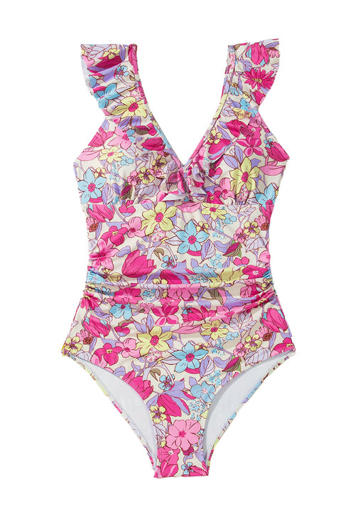 Tropical Floral Ruffle V Neck One Piece Swimsuit
