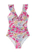 Tropical Floral Ruffle V Neck One Piece Swimsuit
