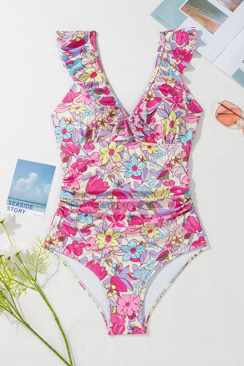 Tropical Floral Ruffle V Neck One Piece Swimsuit