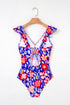Tropical Floral Ruffle V Neck One Piece Swimsuit