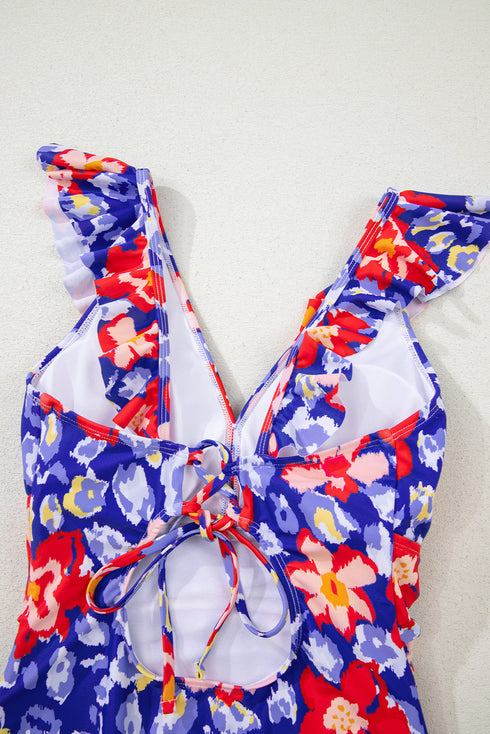 Tropical Floral Ruffle V Neck One Piece Swimsuit