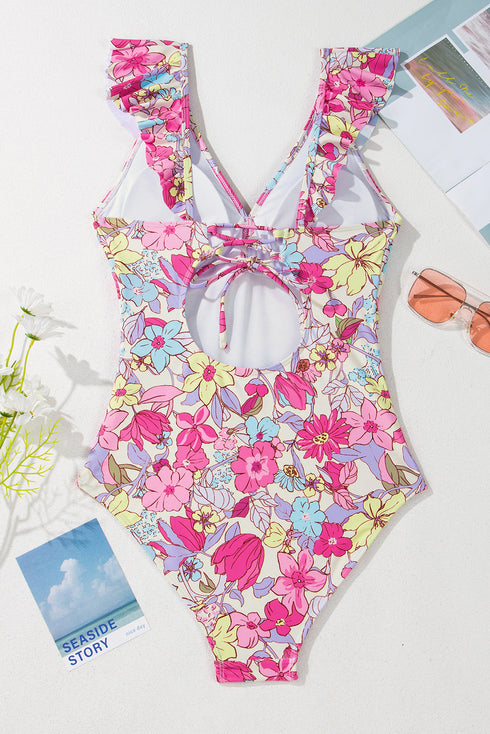 Tropical Floral Ruffle V Neck One Piece Swimsuit