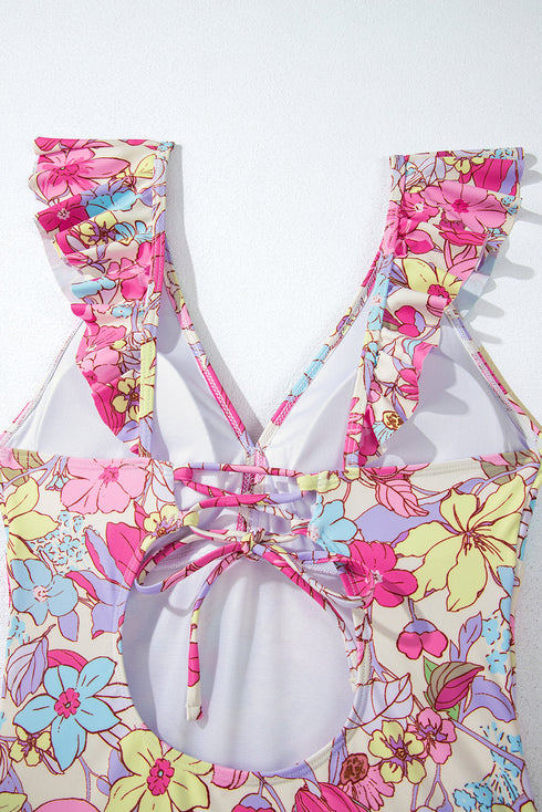 Tropical Floral Ruffle V Neck One Piece Swimsuit