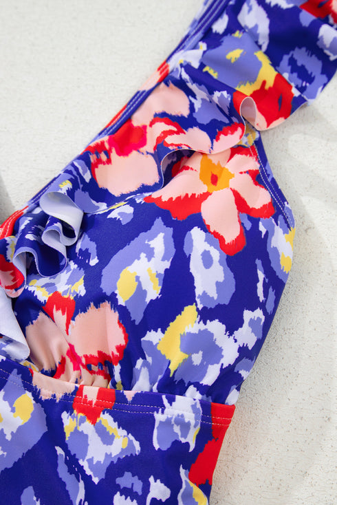 Tropical Floral Ruffle V Neck One Piece Swimsuit