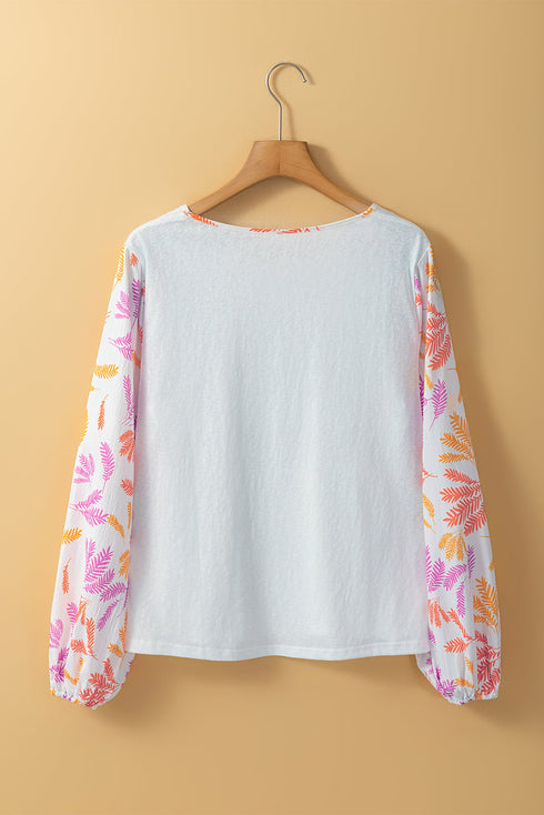 Tropical Leaf Print Patchwork Sleeve Round Neck Cotton Blend Top