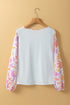 Tropical Leaf Print Patchwork Sleeve Round Neck Cotton Blend Top