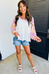 Tropical Leaf Print Patchwork Sleeve Round Neck Cotton Blend Top