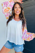 Tropical Leaf Print Patchwork Sleeve Round Neck Cotton Blend Top