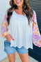 Tropical Leaf Print Patchwork Sleeve Round Neck Cotton Blend Top