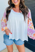 Tropical Leaf Print Patchwork Sleeve Round Neck Cotton Blend Top