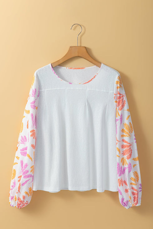 Tropical Leaf Print Patchwork Sleeve Round Neck Cotton Blend Top