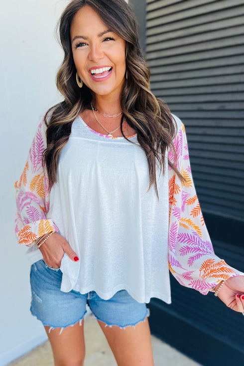 Tropical Leaf Print Patchwork Sleeve Round Neck Cotton Blend Top
