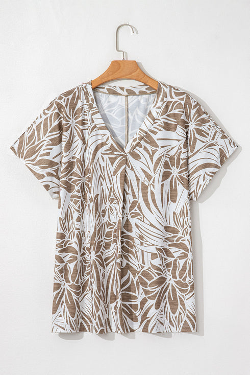 Tropical Leaf Print Relaxed Fit V Neck Blouse