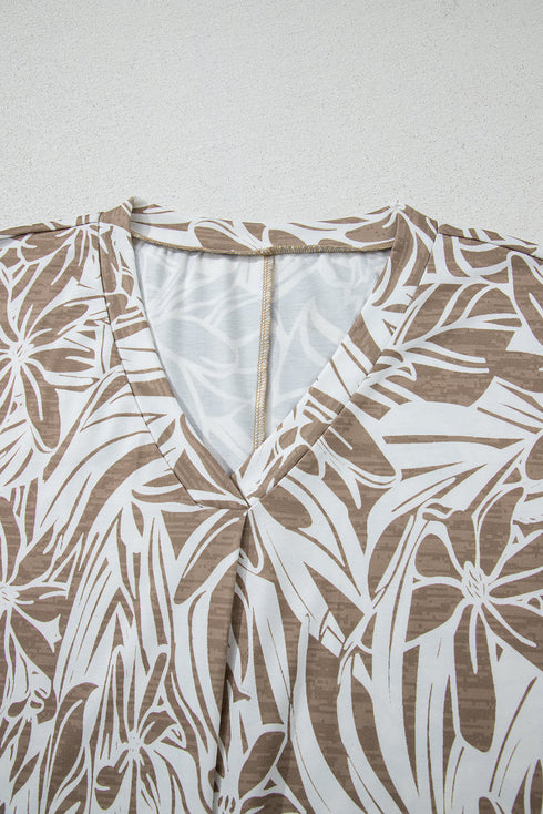 Tropical Leaf Print Relaxed Fit V Neck Blouse