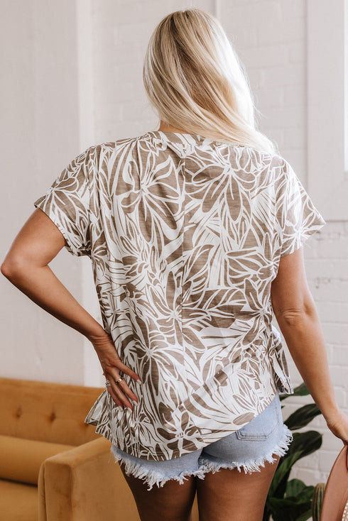 Tropical Leaf Print Relaxed Fit V Neck Blouse