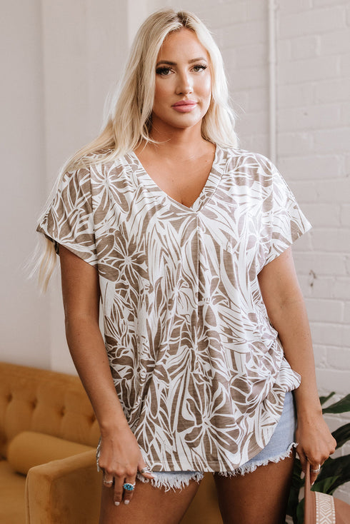 Tropical Leaf Print Relaxed Fit V Neck Blouse