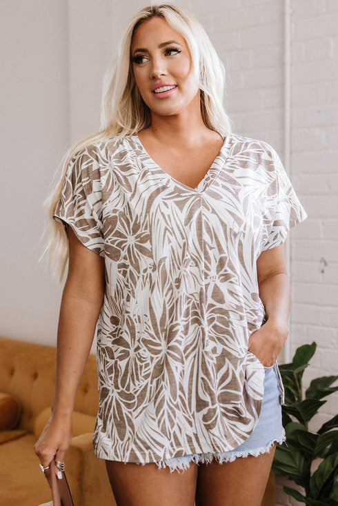 Tropical Leaf Print Relaxed Fit V Neck Blouse