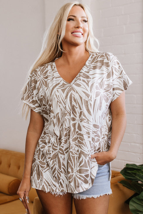 Tropical Leaf Print Relaxed Fit V Neck Blouse