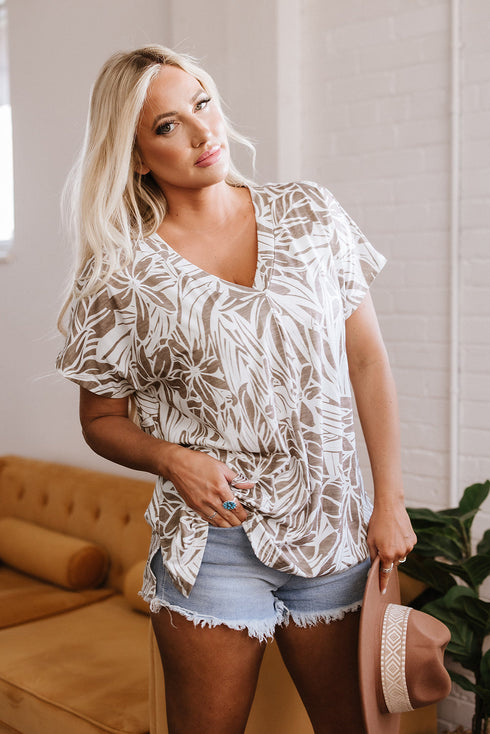 Tropical Leaf Print Relaxed Fit V Neck Blouse