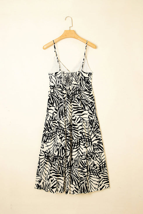 Tropical Palm Print Wrapped V Neck Spaghetti Strap Tiered Midi Dress