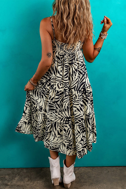 Tropical Palm Print Wrapped V Neck Spaghetti Strap Tiered Midi Dress