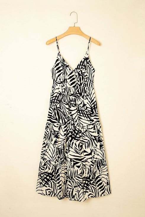 Tropical Palm Print Wrapped V Neck Spaghetti Strap Tiered Midi Dress