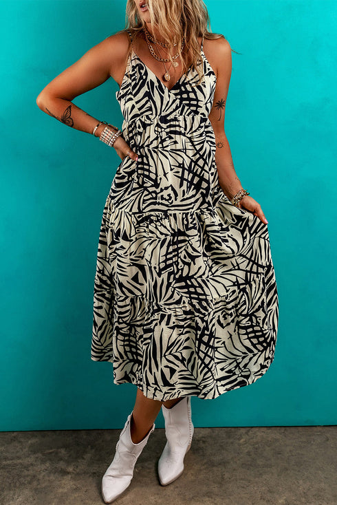 Tropical Palm Print Wrapped V Neck Spaghetti Strap Tiered Midi Dress