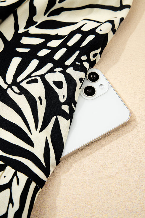 Tropical Palm Print Wrapped V Neck Spaghetti Strap Tiered Midi Dress