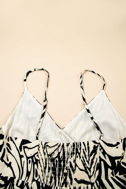 Tropical Palm Print Wrapped V Neck Spaghetti Strap Tiered Midi Dress