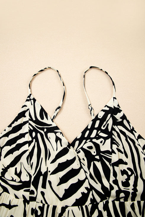 Tropical Palm Print Wrapped V Neck Spaghetti Strap Tiered Midi Dress