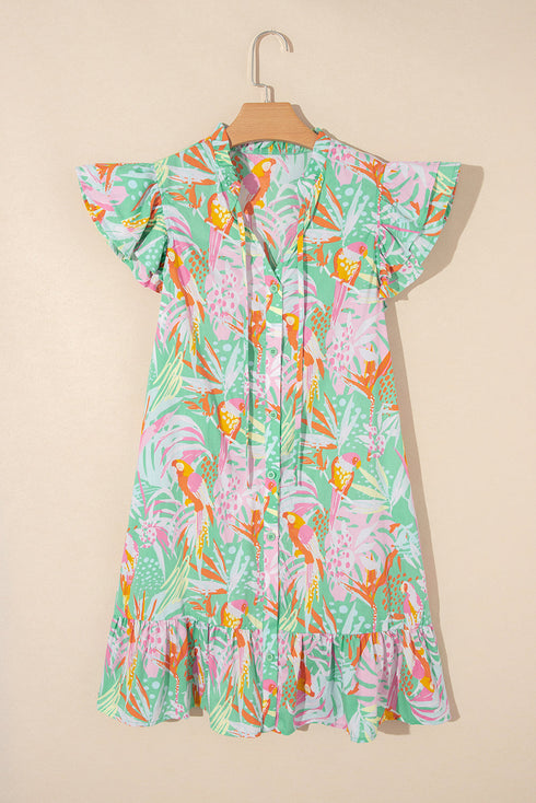 Tropical Parrot Print Ruffle Flutter Sleeve Mini Dress