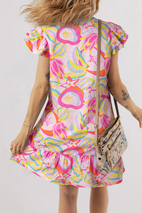 Tropical Parrot Print Ruffle Flutter Sleeve Mini Dress