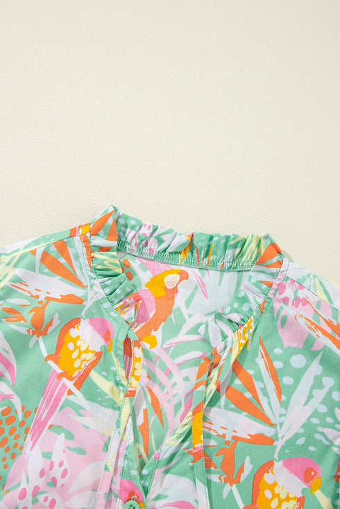 Tropical Parrot Print Ruffle Flutter Sleeve Mini Dress