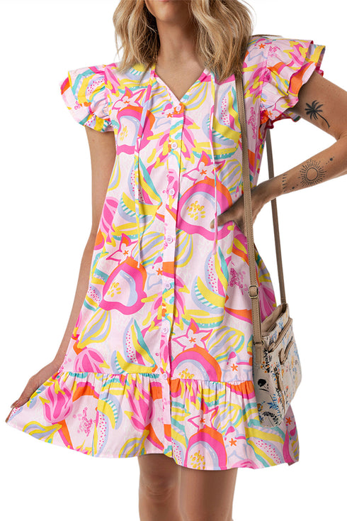 Tropical Parrot Print Ruffle Flutter Sleeve Mini Dress