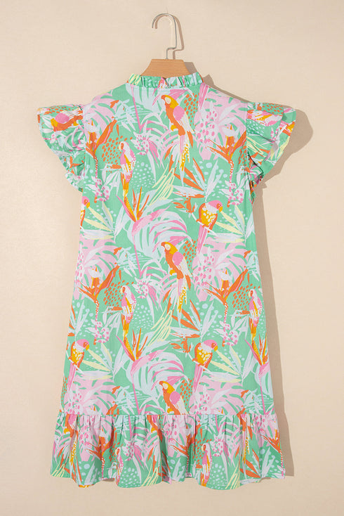 Tropical Parrot Print Ruffle Flutter Sleeve Mini Dress
