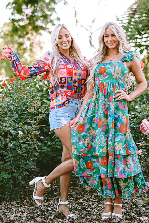 Tropical Print Flutter Sleeve Tiered Maxi Dress