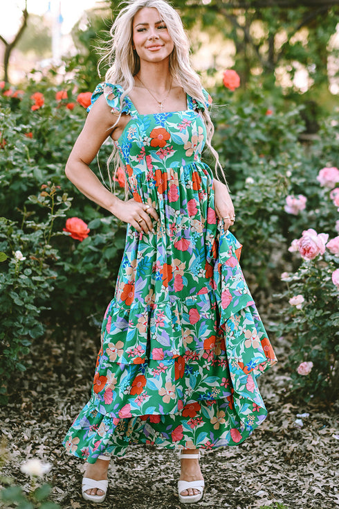 Tropical Print Flutter Sleeve Tiered Maxi Dress