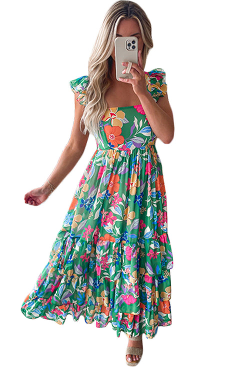 Tropical Print Flutter Sleeve Tiered Maxi Dress