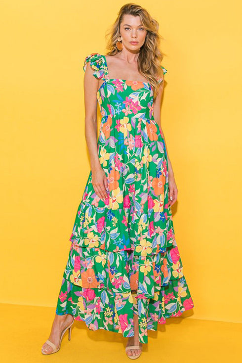 Tropical Print Flutter Sleeve Tiered Maxi Dress