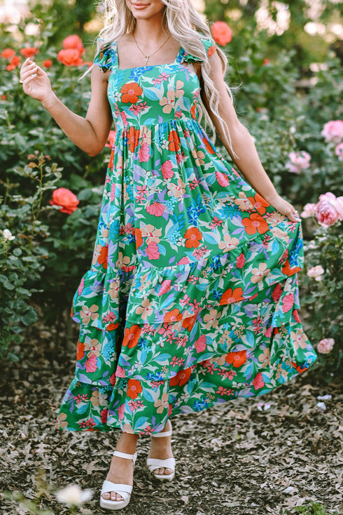 Tropical Print Flutter Sleeve Tiered Maxi Dress