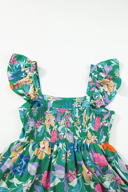 Tropical Print Flutter Sleeve Tiered Maxi Dress