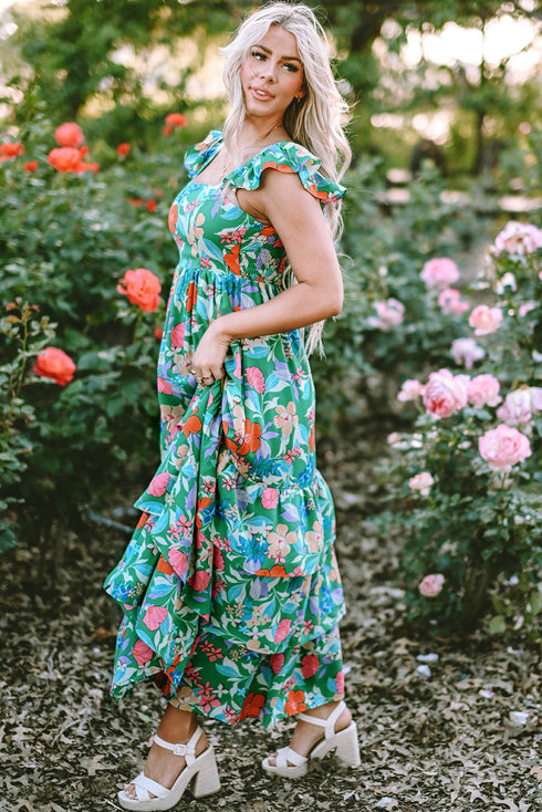 Tropical Print Flutter Sleeve Tiered Maxi Dress