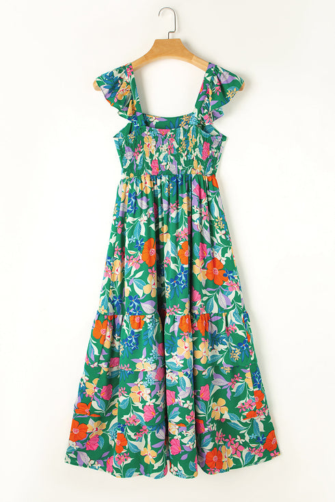 Tropical Print Flutter Sleeve Tiered Maxi Dress