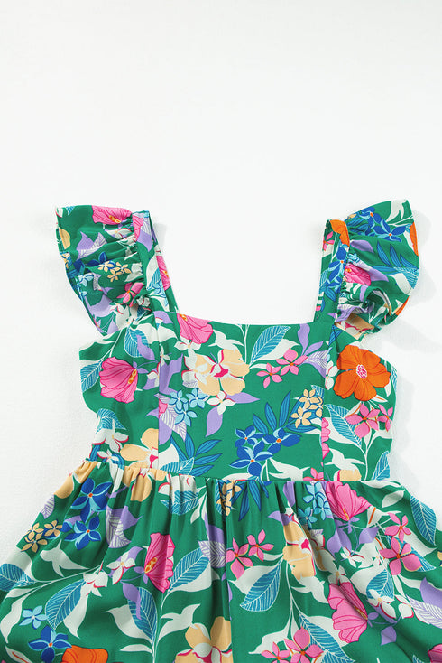 Tropical Print Flutter Sleeve Tiered Maxi Dress